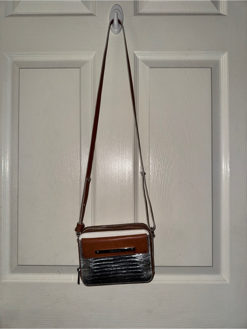 Brahmin Silver Metallic Brown Leather Lizard Embossed Crossbody Organizer Bag